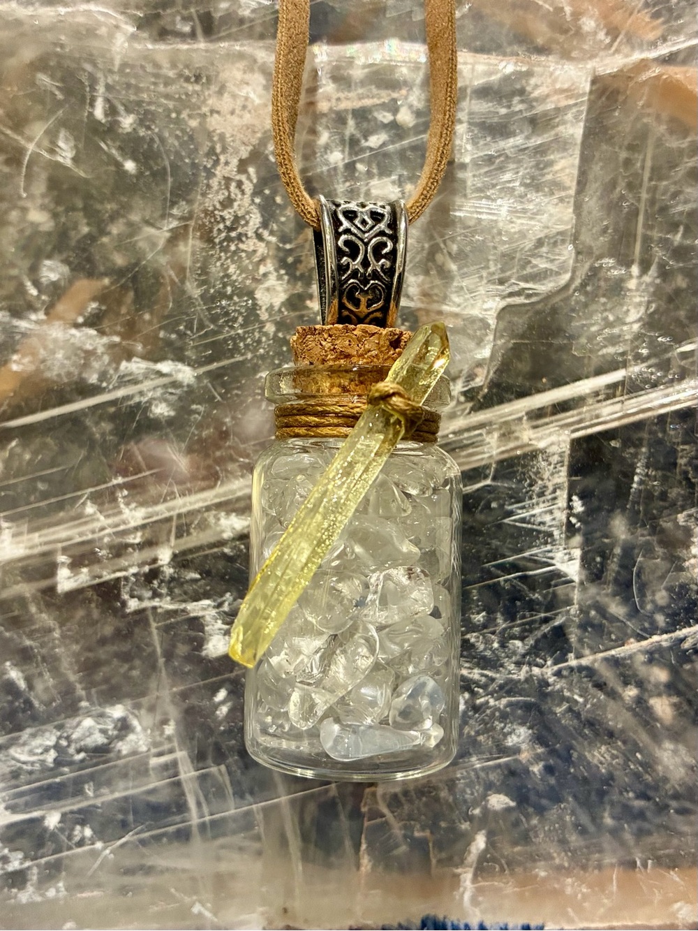 Handmade Glass Crystal Jar Pendant Necklace Clear Quartz with Yellow Angel Aura